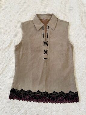 Sleeveless Suede Lace-Hem Top in Taupe